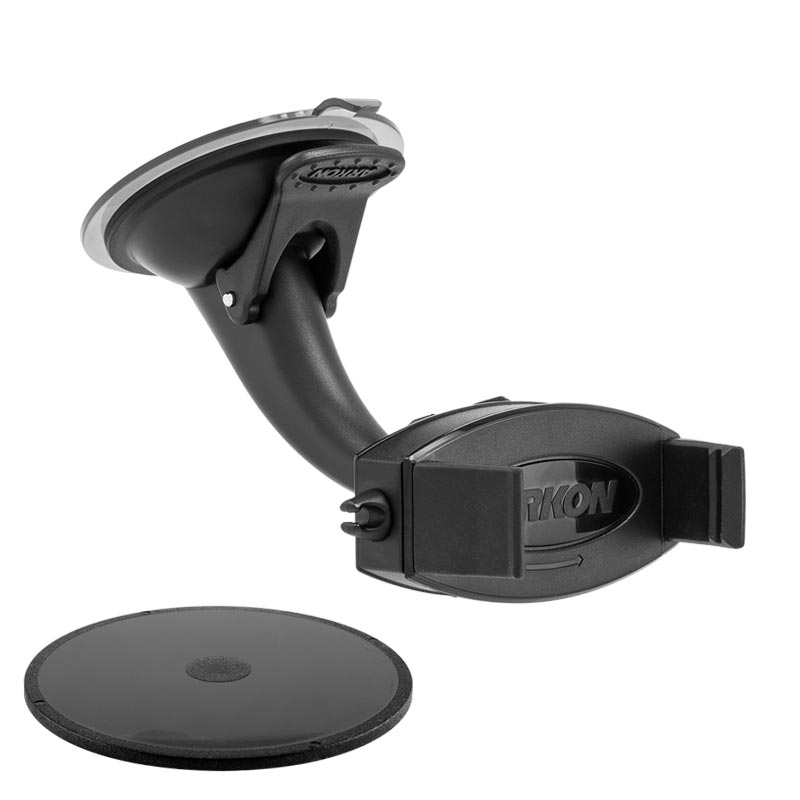 The Mobile Grip 2 Holder with Suction Mount is a black universal phone holder featuring an adjustable cradle and suction cup, plus a circular adhesive pad—ideal as a windshield or dashboard car mount.