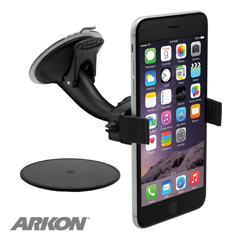 A smartphone is secured in a black Mobile Grip 2 Holder with Suction Mount, next to a round adhesive disk. The universal phone holder displays the ARKON logo in the bottom left corner.