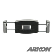 The Mobile Grip 3 Universal Smartphone Holder, in black and gray with extendable arms, is pictured against a white background. A spring-loaded design ensures a secure fit. ARKON appears in bold gray letters at the lower right corner.