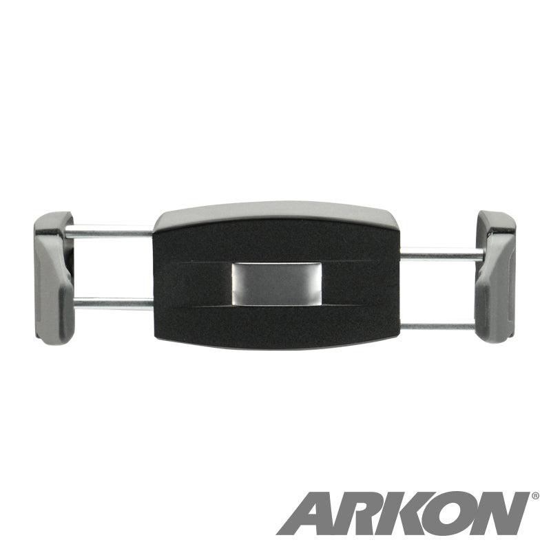 The Mobile Grip 3 Universal Smartphone Holder, in black and gray with extendable arms, is pictured against a white background. A spring-loaded design ensures a secure fit. ARKON appears in bold gray letters at the lower right corner.
