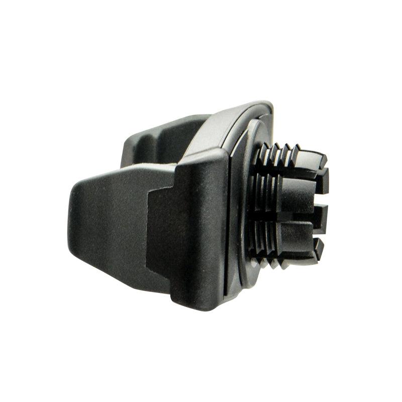 Close-up of a black Mobile Grip 3 Universal Smartphone Holder, featuring ridges and protrusions in its mechanical plastic design, isolated on a white background.