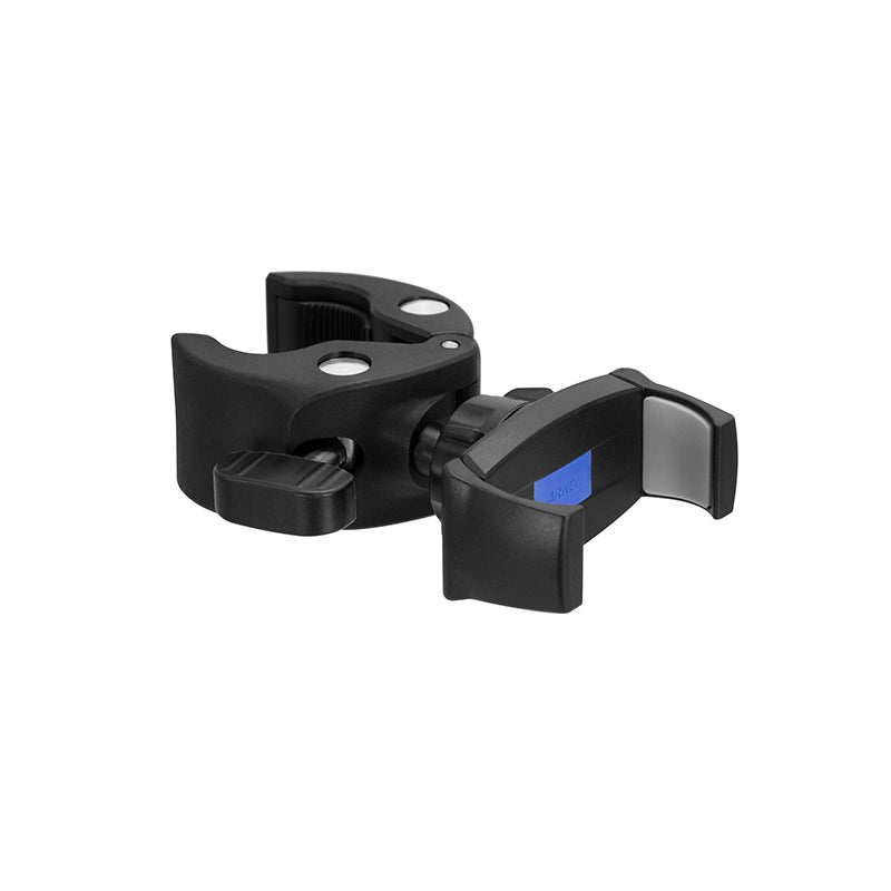 The Mobile Grip 5 Phone Holder with Clamp Mount, featuring an adjustable black design with a rotating grip and rubberized inner pads for secure smartphone or camera holding, is displayed against a white background.