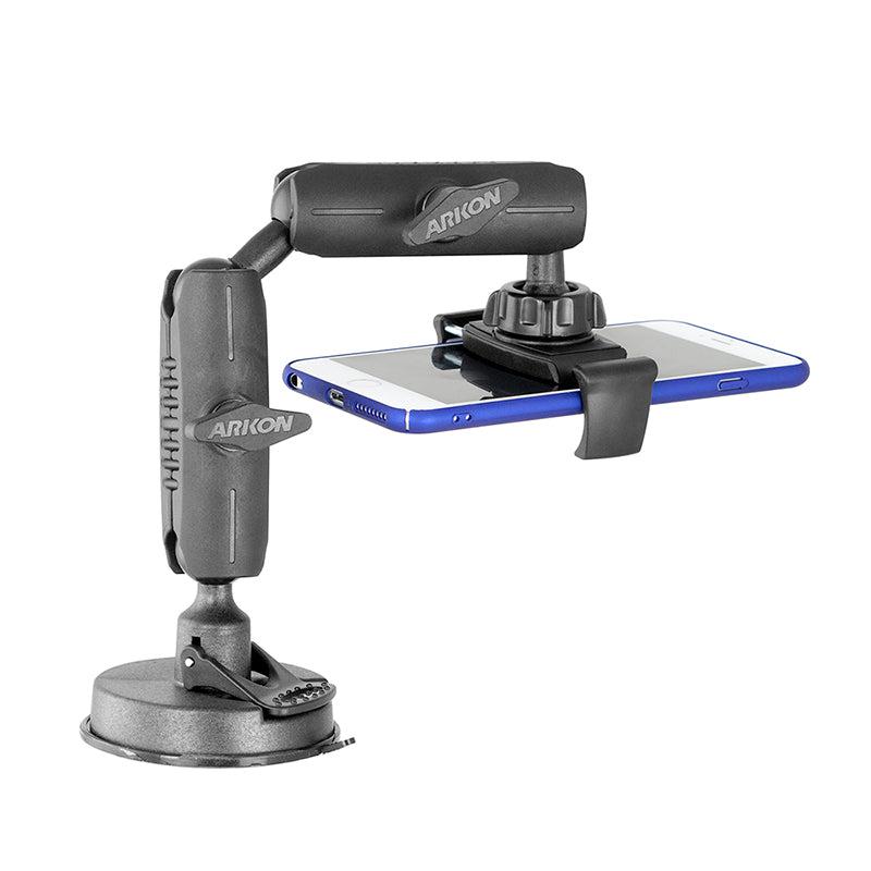 The Mobile Grip 5 Robust Phone Mount Holder for iPhone, Galaxy, and Note is a black, adjustable holder with a sticky suction mount. Its articulated arms and clamp grip securely hold your phone horizontally—ideal for close-up video recording.