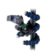 The Mobile Grip 5 Tripod Phone Mount for iPhone, Galaxy, and Note features black and blue foam legs with gray rubber grip ends, a wrap-around design, adjustable mount with built-in spirit level—perfect for content creators.