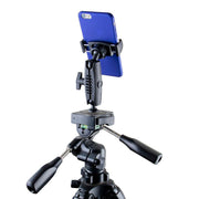A blue smartphone is attached to a sturdy black tripod using the Mobile Grip 5 Tripod Phone Mount, offering multiple adjustment points and reliable handles to help you capture the perfect shot every time.