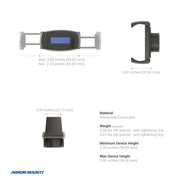 The Mobile Grip 5 Universal Phone Holder is shown in black and gray with labeled dimensions, material, and weight details. It features front, side, and top views and displays the Arkon Mounts logo at the bottom left corner.