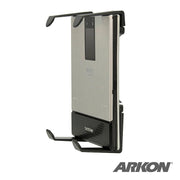 A Mobile Portable Printer Holder with AMPS Pattern for Zebra, Epson, and Brother printers holds a compact Brother mobile printer in a black Slim-Grip Holder with four arms on a 4-Hole AMPS bracket. The ARKON logo is at the lower right on a white background.