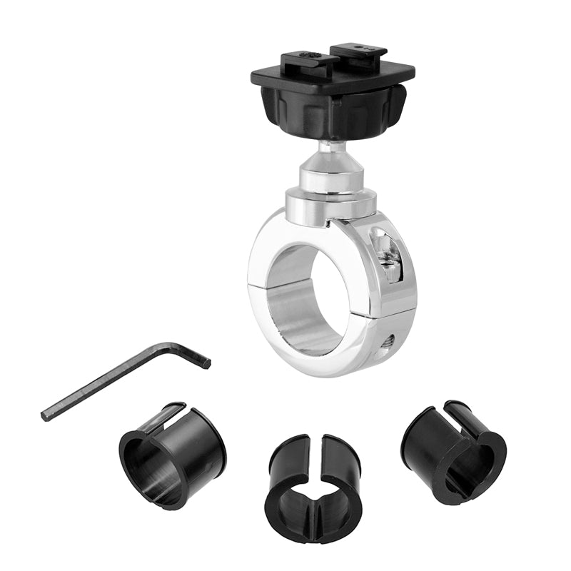 The Motorcycle Handlebar Mount - Dual-T Compatible - Chrome Aluminum includes a black adjustable knob, three black plastic adapters in various sizes, and a hex key tool, all shown on a white background.