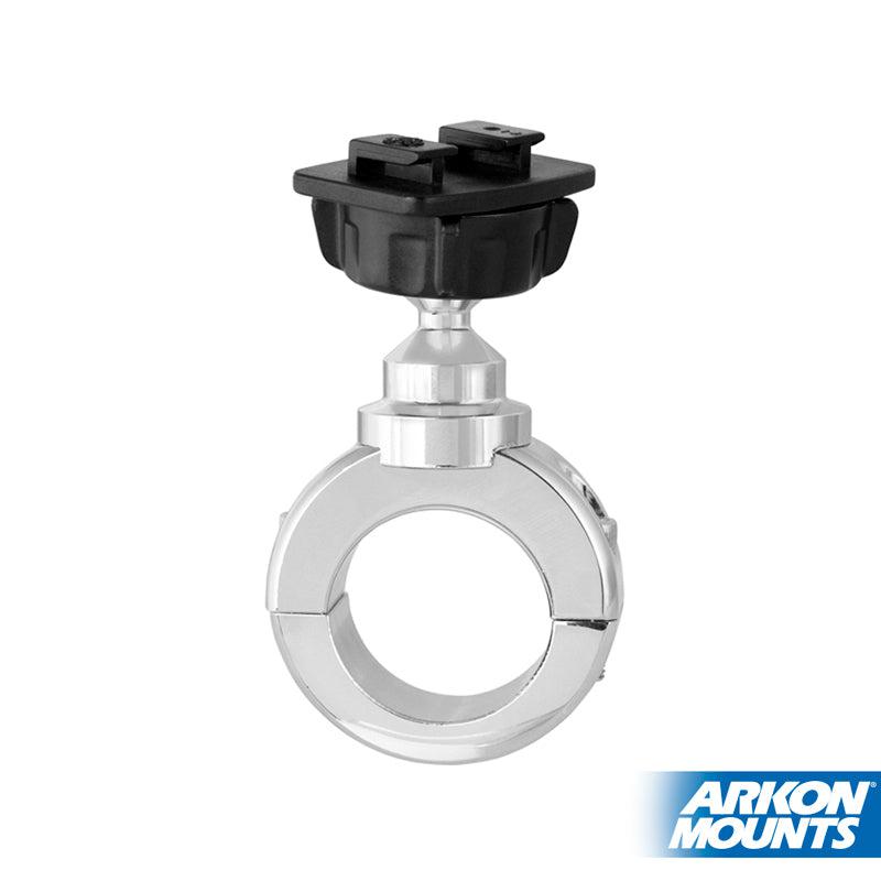 The Motorcycle Handlebar Mount - Dual-T Compatible features a chrome aluminum build with a black adjustable base for mounting devices. Versatile and dual-T compatible, it displays the Arkon Mounts logo in the bottom right corner.