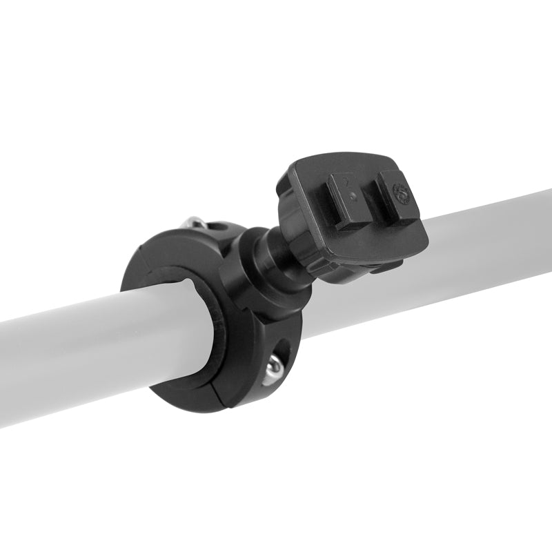 Close-up of a Motorcycle Handlebar Mounting Pedestal—Black Aluminum, Dual-T Compatible—securing two intersecting gray rods with an adjustable knob for tightening or loosening the connection.