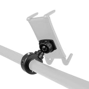 The Motorcycle Handlebar Mounting Pedestal - Black Aluminum - Dual-T Compatible securely holds devices with an adjustable clamp and ball joint for easy positioning, perfect for handlebars or poles. Shown on a plain white background.
