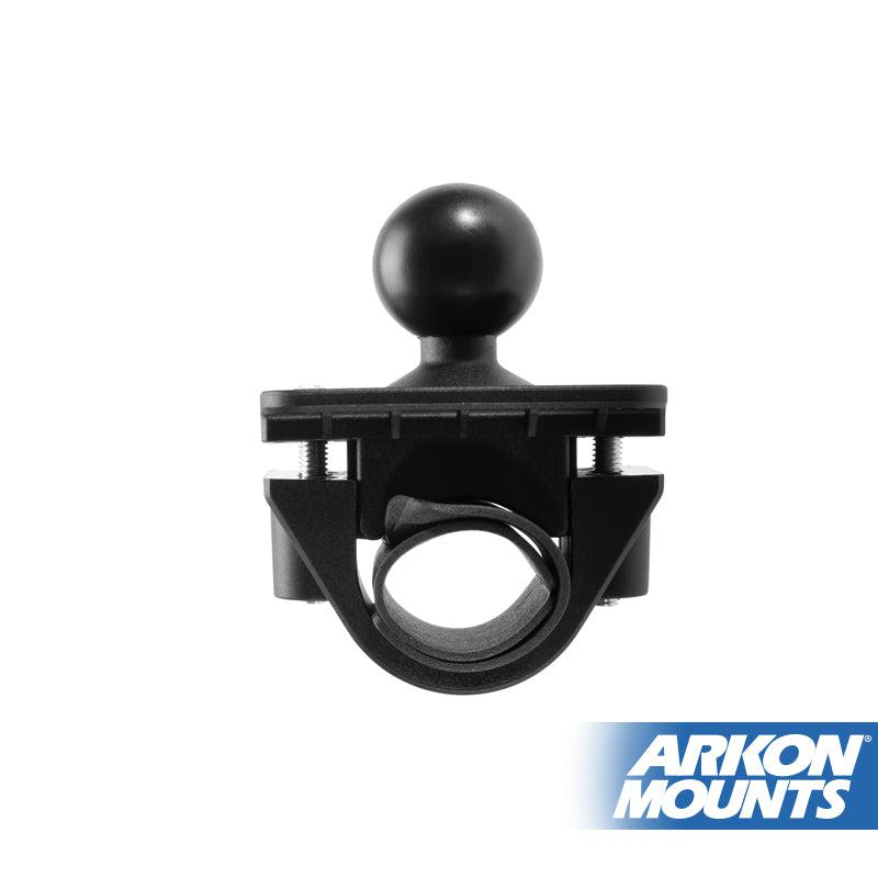 A black Motorcycle or Bicycle Handlebar Mount - 25mm (1 inch) Ball Compatible, ideal for securely attaching your phone holder to handlebars. The Arkon Mounts logo is shown in the lower right corner.