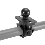 The Motorcycle or Bicycle Handlebar Mount - 25mm (1 inch) Ball Compatible securely attaches to a horizontal gray metal tube with a black clamp and screws, making it ideal as a phone holder or motorcycle handlebar mount.