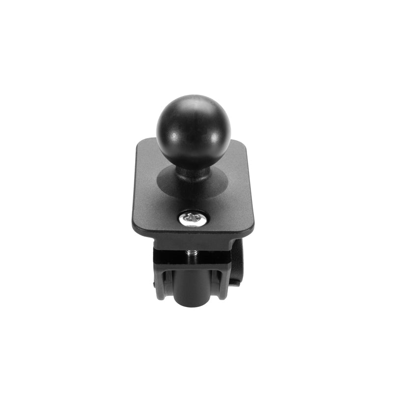 The Motorcycle or Bicycle Handlebar Mount - 25mm (1 inch) Ball Compatible is a black bracket with a rectangular base plate and single screw, designed to secure devices or accessories like a phone holder. Shown on a plain white background.