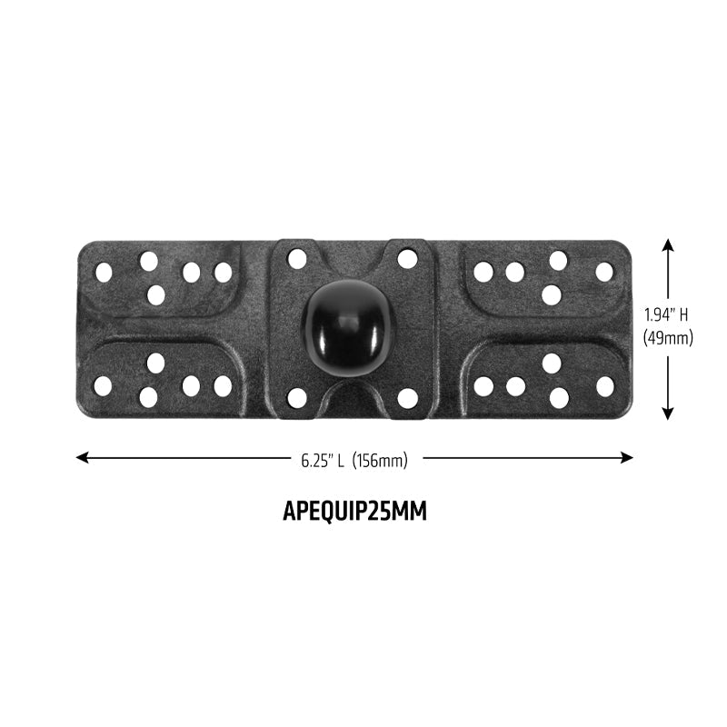 The Mounting Plate - 25mm (1 inch) Ball Compatible is a black rectangular metal plate (6.25 x 1.94) with multiple holes, a central rounded bump, and the 4-Hole AMPS pattern. Marked APEQUIP25MM. Ideal for Humminbird fishfinder mounts.