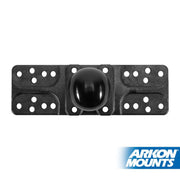 Rectangular black Mounting Plate - 38mm (1.5 inch) Ball Compatible, top view, features multiple holes with a central raised 38mm ball. Displays the ARKON MOUNTS logo bottom right and supports the versatile 4-Hole AMPS mounting pattern.