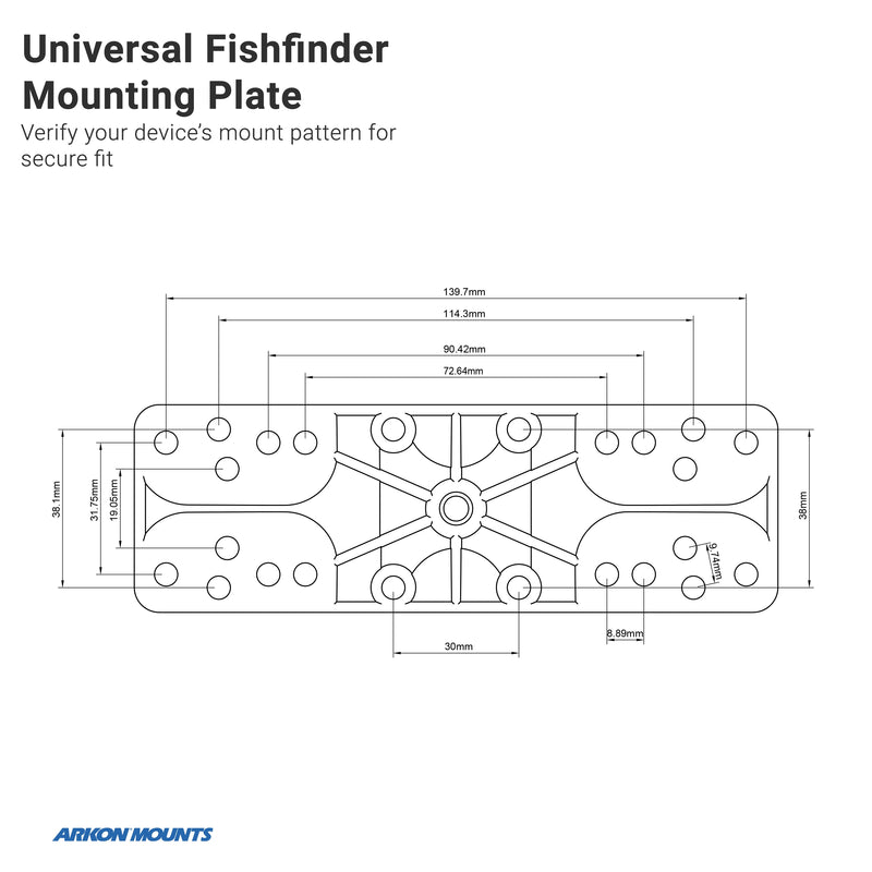 Technical diagram of the Mounting Plate - 38mm (1.5 inch) Ball Compatible, showing a rectangular design with multiple holes, detailed millimeter measurements, a 4-Hole AMPS pattern, and the Arkon Mounts logo at bottom left.