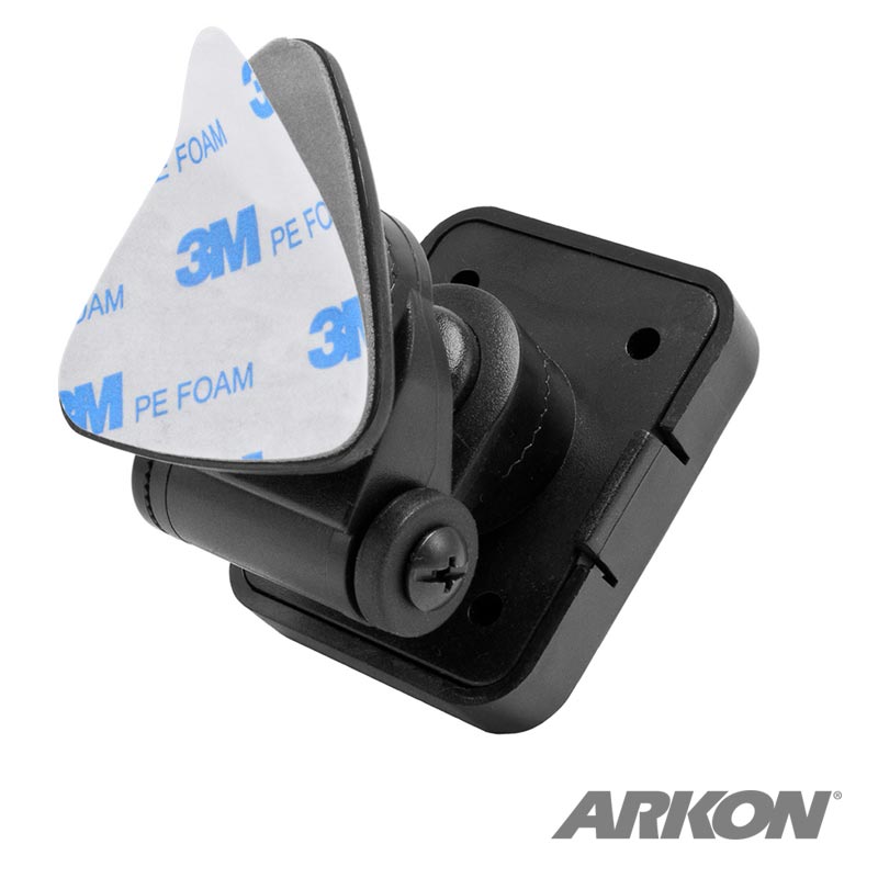 The Multi-Angle Adhesive or Screw Mounting Pedestal (Dual-T compatible) is shown in black with a 3M PE foam adhesive pad; the Arkon logo appears at the bottom right. Suitable for mounting devices to various surfaces.