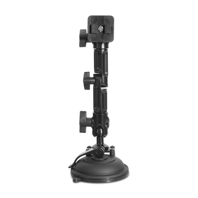 The Multi-Angle Heavy-Duty Windshield Mount is a black suction cup mount with three tightening knobs and a square top plate, designed for secure attachment of devices to smooth surfaces—perfect for commercial vehicle windshields.