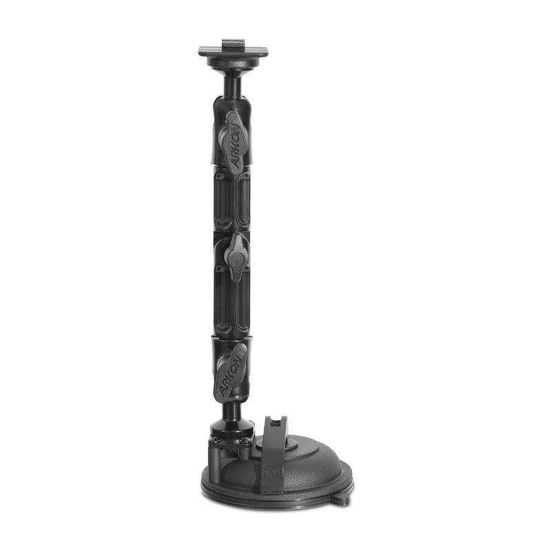 The Multi-Angle Heavy-Duty Windshield Mount is a black adjustable arm with two joints and a strong suction cup base, ideal for securely mounting devices on smooth surfaces in commercial vehicles or as a reliable windshield holder.