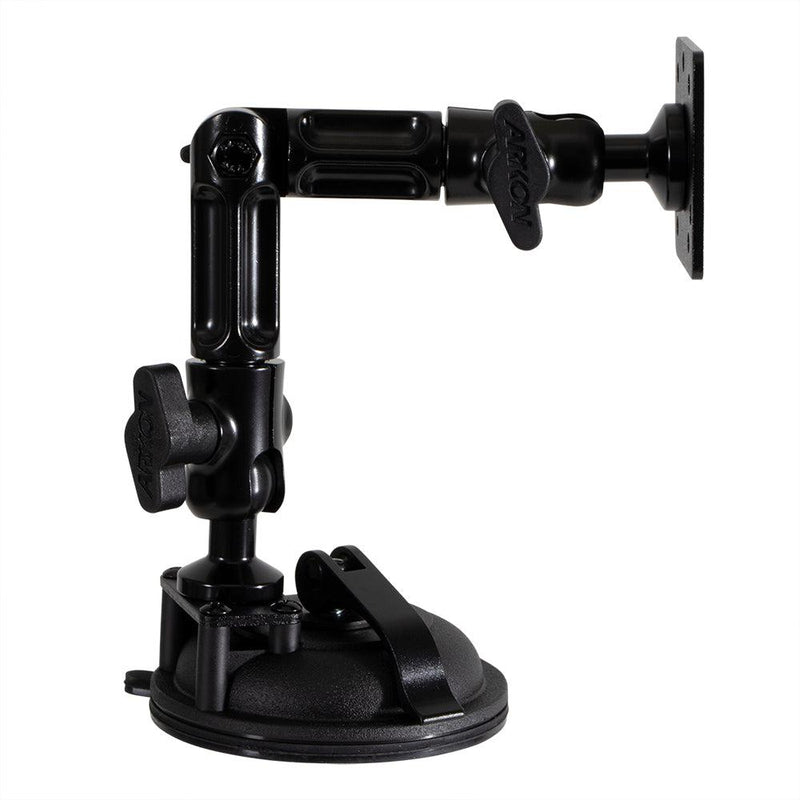 The Multi-Angle Suction AMPS Mount is a black adjustable mounting arm with multiple joints and locking knobs, featuring a round suction base for securely holding tablets on smooth surfaces.