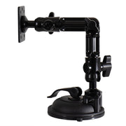 The Multi-Angle Suction AMPS Mount is a black metal mount with adjustable arms and knobs, featuring a flat AMPS plate on one end and a suction base on the other for securing devices to smooth surfaces.