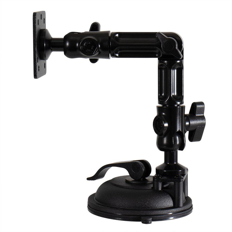 The Multi-Angle Suction AMPS Mount is a black metal mount with adjustable arms and knobs, featuring a flat AMPS plate on one end and a suction base on the other for securing devices to smooth surfaces.