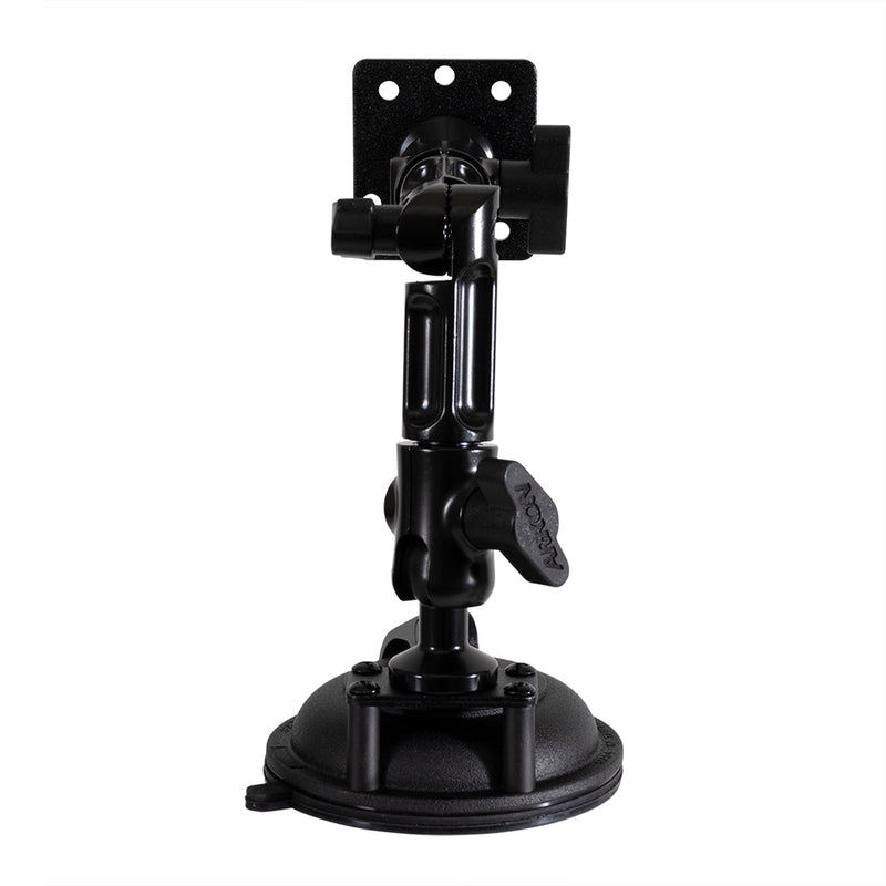 The Multi-Angle Suction AMPS Mount is a black suction mount with adjustable joints and knobs, featuring a flat AMPS plate with multiple holes for secure attachment of devices to smooth surfaces.