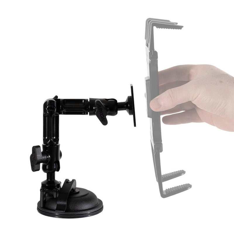 The Multi-Angle Suction AMPS Mount, a black adjustable mount with articulated arms, is shown holding a tablet holder as a hand places a device into it against a white background.