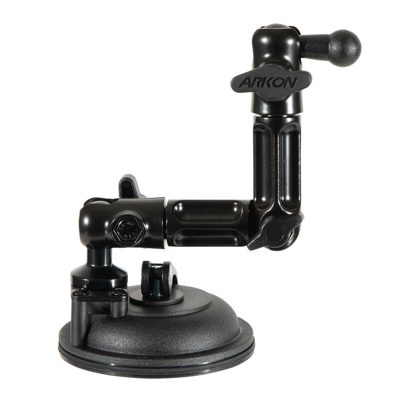 Arkons Multi-Angle Suction Mount is a black, adjustable holder with a 17mm ball end and suction cup base, designed to securely attach devices to flat surfaces as a reliable dashboard phone holder.