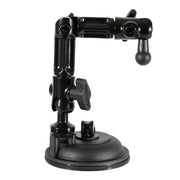The Multi-Angle Suction Mount is a black, adjustable mount with multiple jointed arms, a 17mm ball end, and tightening knobs for attaching and positioning devices or accessories on smooth surfaces.