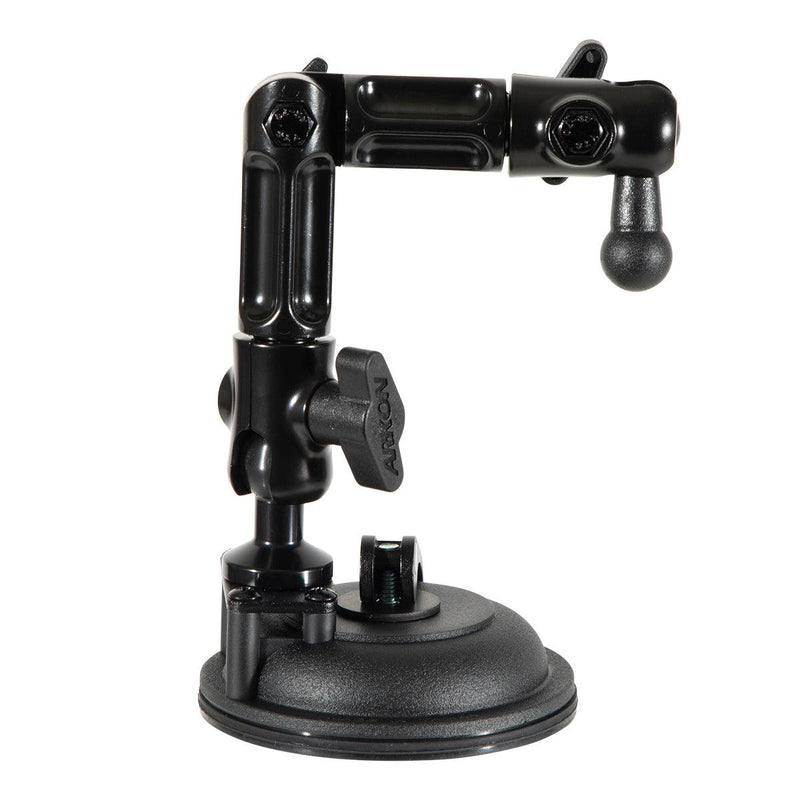 The Multi-Angle Suction Mount is a black, adjustable mount with multiple jointed arms, a 17mm ball end, and tightening knobs for attaching and positioning devices or accessories on smooth surfaces.