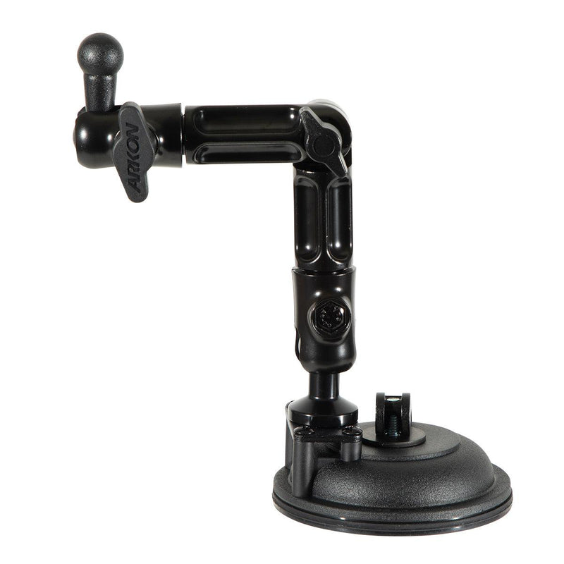 The Multi-Angle Suction Mount features an adjustable arm, 17mm ball end, and knob—ideal as a dashboard phone holder or for securely attaching devices to smooth surfaces.