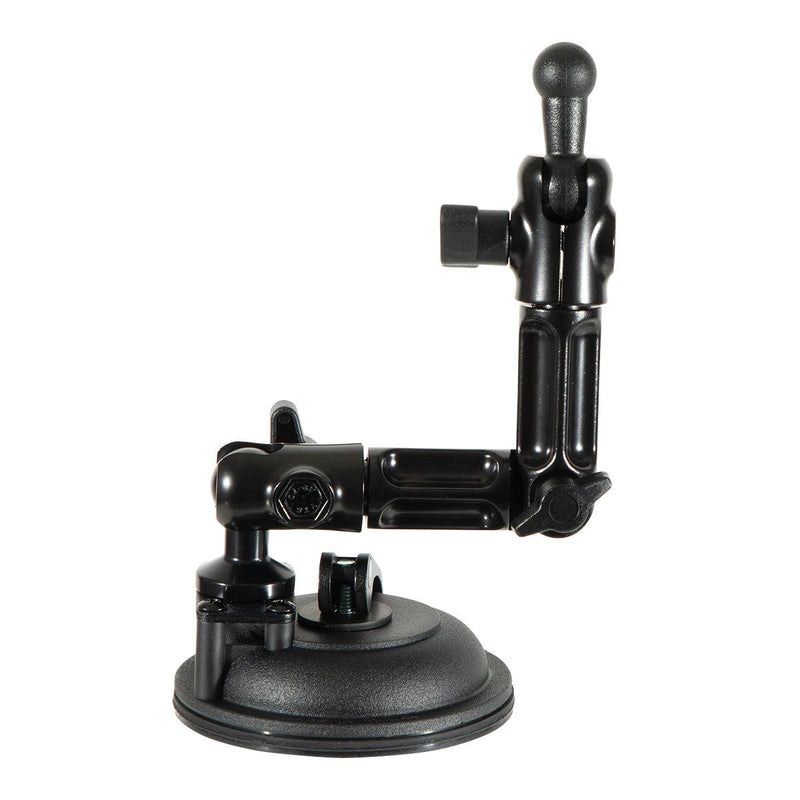 The Multi-Angle Suction Mount is a black holder with a 17mm ball end, articulated arm, and tightening knobs, designed to securely hold devices or cameras on smooth surfaces—ideal as a dashboard phone holder.