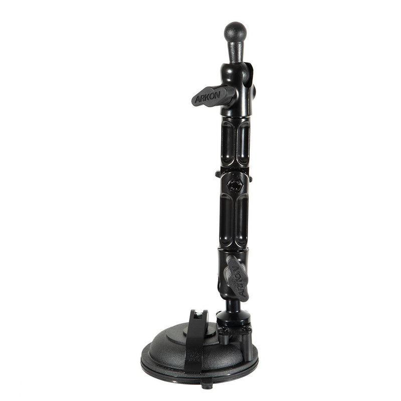 The Multi-Angle Suction Mount is a black, adjustable holder with locking levers and a round base, featuring a 17mm ball end—perfect for securely attaching devices to flat surfaces like dashboards.
