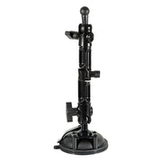 The Multi-Angle Suction Mount is a black metal holder with adjustable knobs, upright arm, and 17mm ball end, designed to secure cameras or equipment on smooth surfaces.