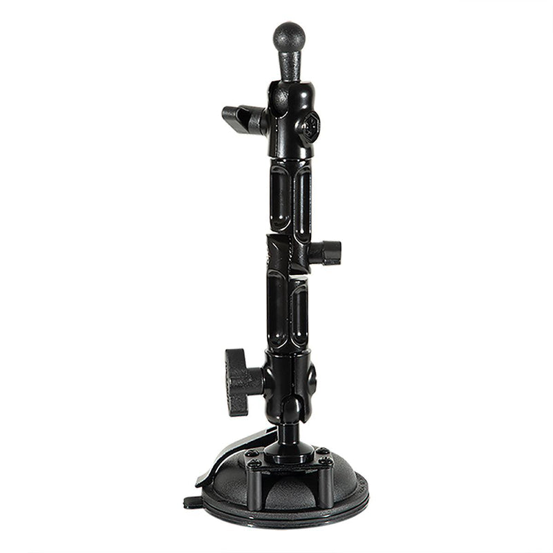 The Multi-Angle Suction Mount is a black metal holder with adjustable knobs, upright arm, and 17mm ball end, designed to secure cameras or equipment on smooth surfaces.
