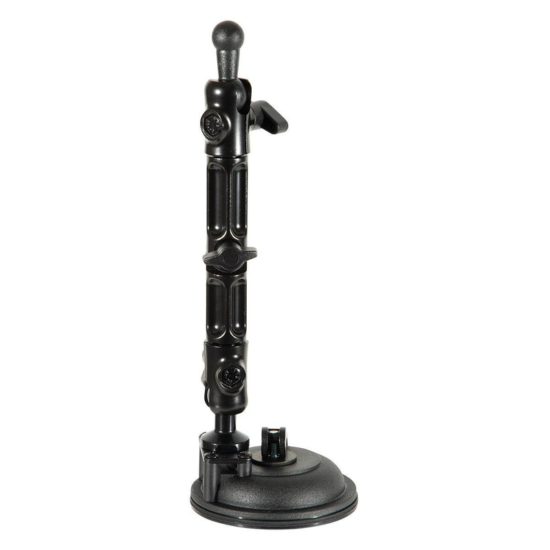 The Multi-Angle Suction Mount is a black mount with a 17mm ball end and pivoting arm, designed to securely hold devices or accessories on flat surfaces.