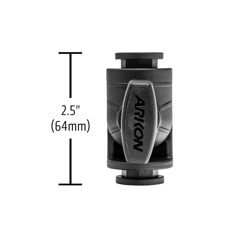 Black OCTO™ Series 2.5 inch Ratchet Elbow mounting component with single socket arm, shown vertically with measurement lines indicating a height of 2.5 inches (64mm), on a white background.