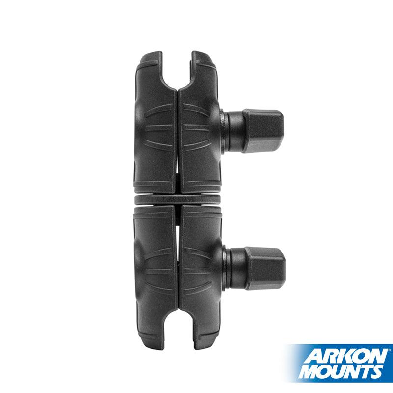 OCTO™ Series 4.25 inch Double Socket Swivel Shaft Arm with dual-ball rotation and adjustment knobs, shown vertically on a white background. Arkon Mounts logo in the bottom right corner. Compatible with 25mm mounts.