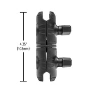 The OCTO™ Series 4.25 inch Double Socket Swivel Shaft Arm offers double-ball rotation with two adjustment knobs. Shown vertically with a 4.25 inch (108 mm) label, it fits a 25mm mount for versatile installation.