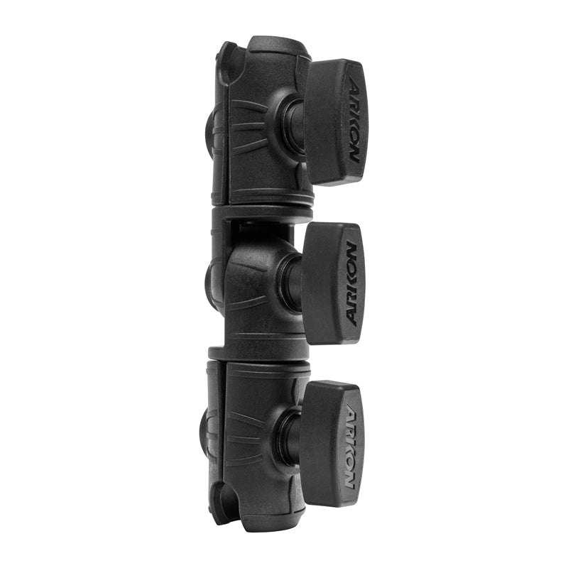 The OCTO™ Series 6 inch Ratcheting Swivel Shaft Arm features two black, rectangular hinge mechanisms stacked vertically, each with a knob, providing an adjustable arm ideal for secure mounting or custom mount solutions.