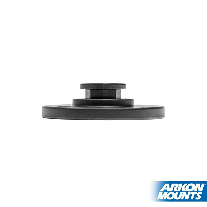 A black, round OCTO™ Series Button Pattern to 4-Hole AMPS Adapter is shown on a white background, with the ARKON MOUNTS logo in blue and white at the bottom right. Compatible with Arkon shaft arm adapter and octagon button setups.