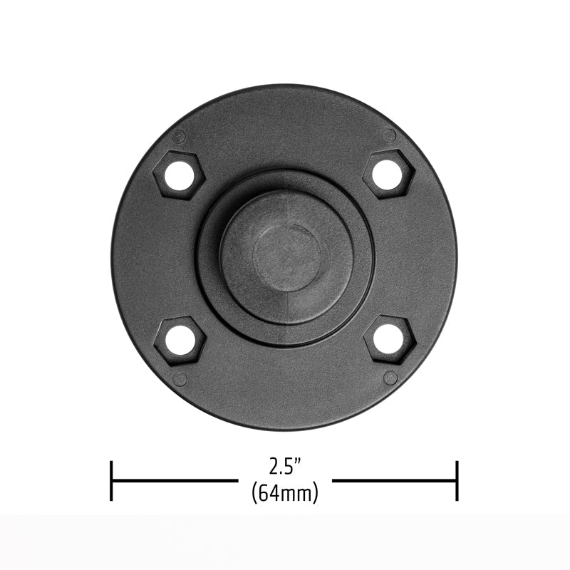 The OCTO™ Series Button Pattern to 4-Hole AMPS Round Adapter is a black circular metal plate with four mounting holes and a raised center, measuring 2.5 inches (64mm) in diameter as shown by a double-sided arrow below the base.