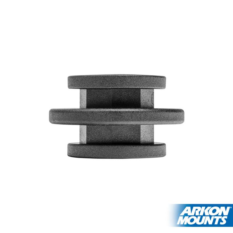 A black OCTO™ Series Composite Double Button connector with three horizontal ridges, made of plastic and photographed on a white background. The Arkon Mounts logo is visible in the bottom right corner.