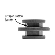 A black OCTO™ Series Composite Double Button is shown horizontally with an arrow to its center, labeled Octagon Button Pattern on a white background—ideal for octagon pattern components.
