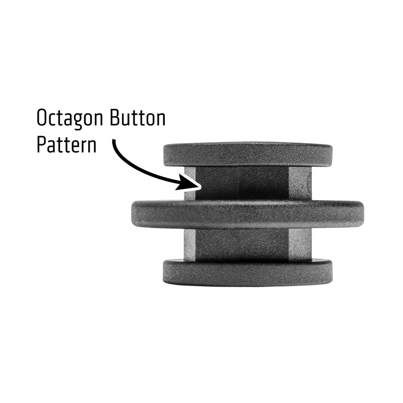 A black OCTO™ Series Composite Double Button is shown horizontally with an arrow to its center, labeled Octagon Button Pattern on a white background—ideal for octagon pattern components.