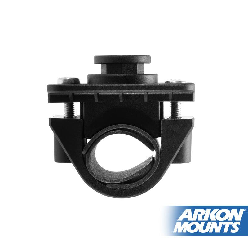 The OCTO™ Series Motorcycle or Bicycle Handlebar Mount is a black plastic and metal mount with screws, fits round bars or handles, features the ARKON MOUNTS logo in the lower right, and is compatible with octagon patterns.