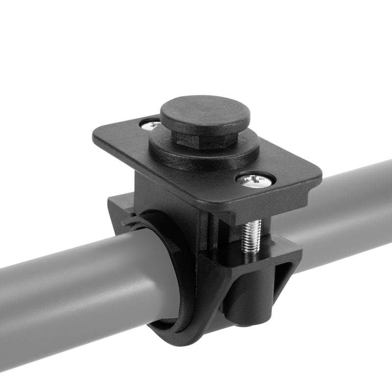 The OCTO™ Series Motorcycle or Bicycle Handlebar Mount is a black plastic bracket with metal screws for horizontal gray metal tubes, securing cylindrical objects and made for octagon pattern compatibility.