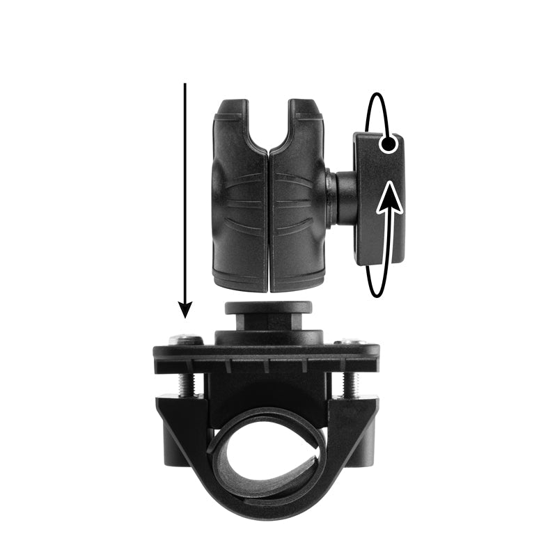 The OCTO™ Series Motorcycle or Bicycle Handlebar Mount by Arkon Mounts features a black plastic design with an upper clamp and a lower octagon-patterned base. Arrows indicate assembly onto handlebars and tightening the side lever.